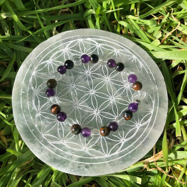 Esoteric jewelry - natural stone bracelet - intuition - hawk's eye - amethyst - rock crystal - kyvoitou 📿