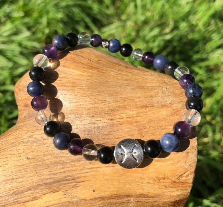 Bijoux ésotérique - astrologie - poisson - bracelet pierres naturelles - sodalite - améthyste - cristal de roche - obsidienne oeil céleste - kyvoitou 📿