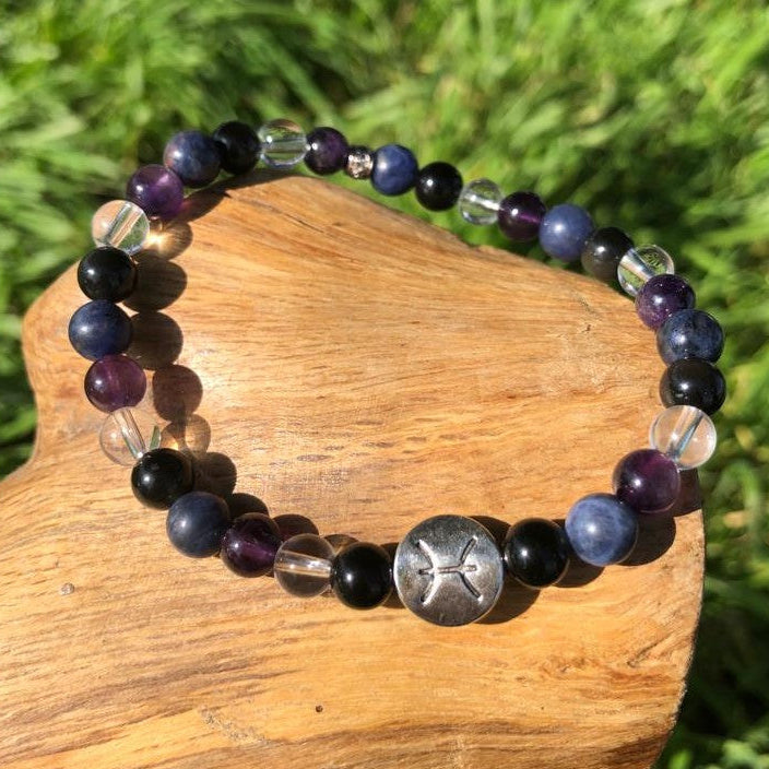 Esoteric jewelry - astrology - Pisces - natural stone bracelet - sodalite - amethyst - rock crystal - celestial eye obsidian - kyvoitou 📿
