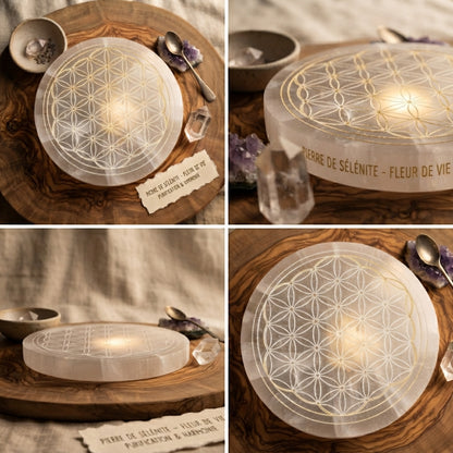 Esotericism - flower of life in selenite - natural stone - kyvoitou 💎