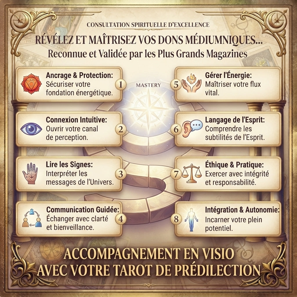 Coaching individuel - Révéler et Maîtriser vos Dons Médiumniques - accompagnement en visio avec votre tarot - parcours en 8 étapes - kyvoitou