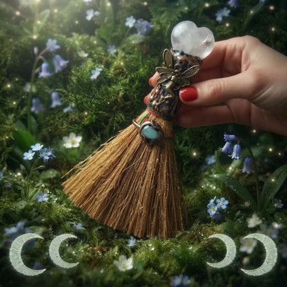 Balai de sorcière - besom rituel - purification énergétique - cristal de roche et libellule - produit ésotérique - kyvoitou 🧹