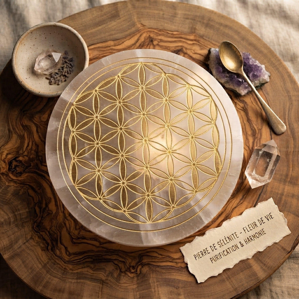 Esotericism - flower of life in selenite - natural stone - kyvoitou 💎