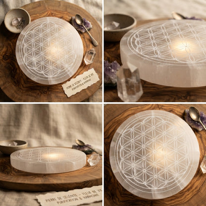 Esotericism - flower of life in selenite - natural stone - kyvoitou 💎