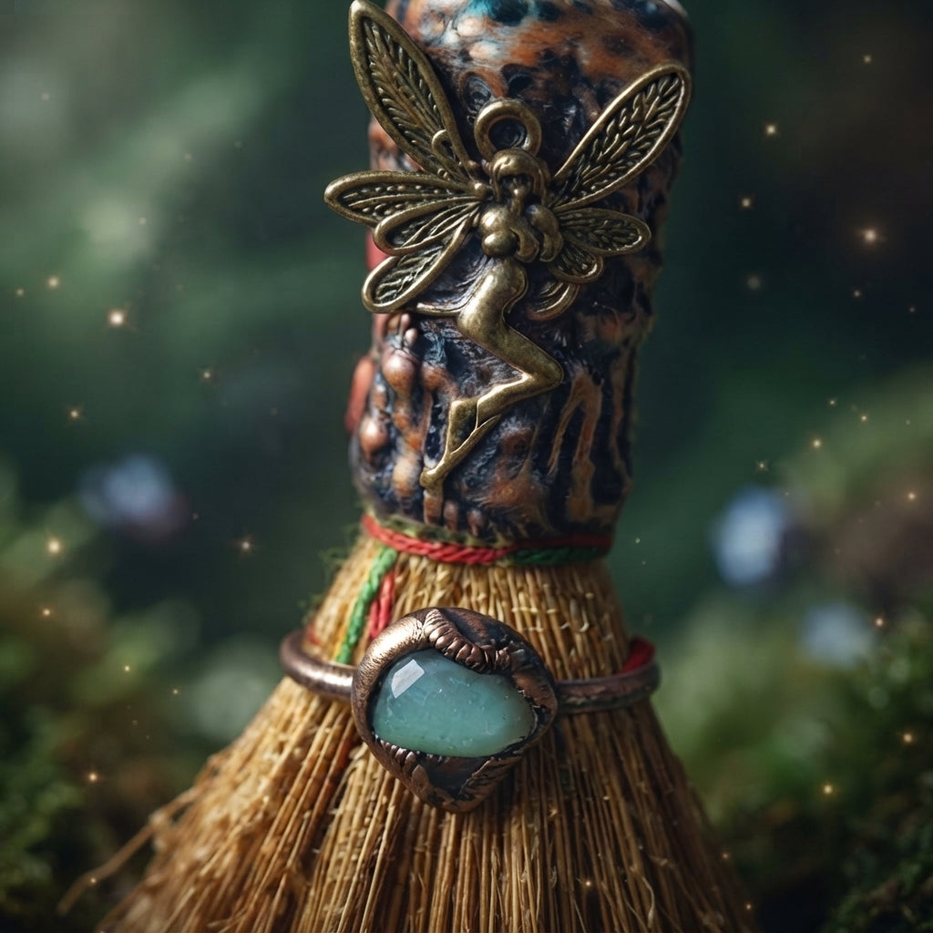 Balai de sorcière - besom rituel - purification énergétique - cristal de roche et libellule - produit ésotérique - kyvoitou 🧹