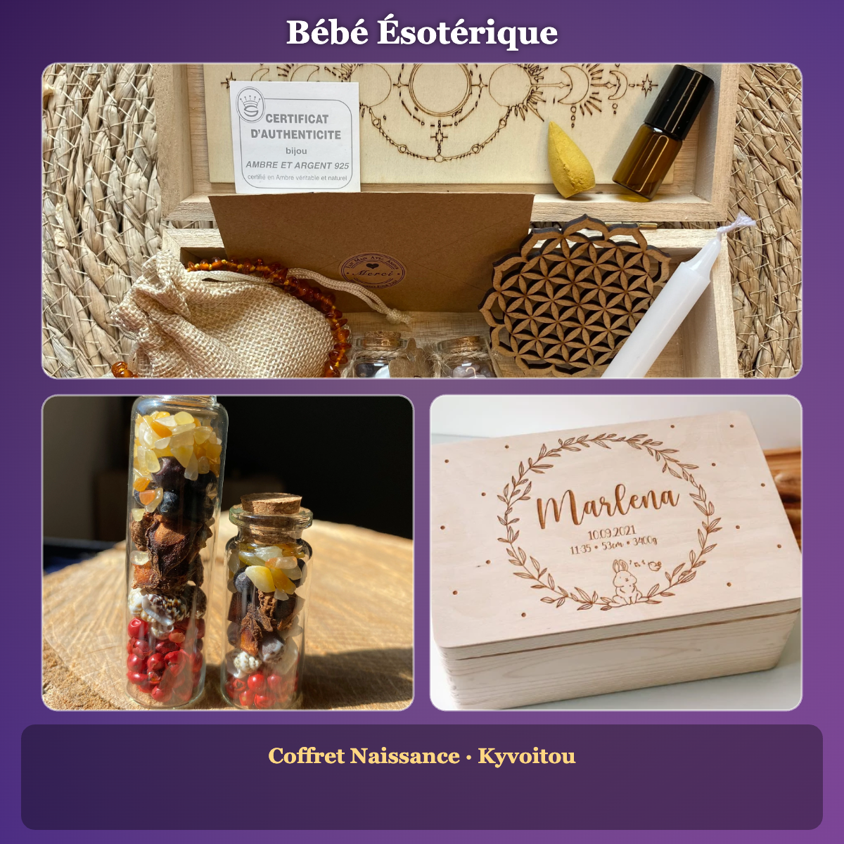 Lot Bébé Ésotérique - Coffret Naissance - Coffret Bois Gravé, Fiole, Thème Natal & Surprises - Kyvoitou 👶